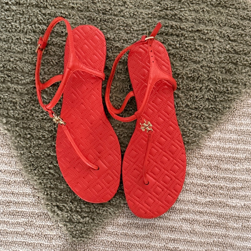 Tory Burch Red Quilted T-Strap Sandals